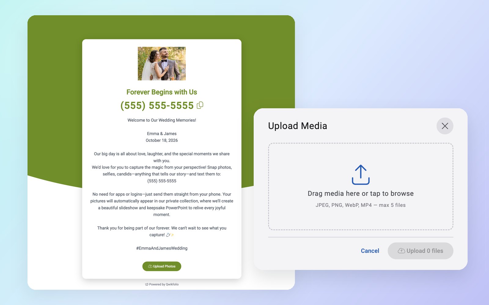 A branded Qwikfolio landing page for a wedding, with its photo and video upload window open