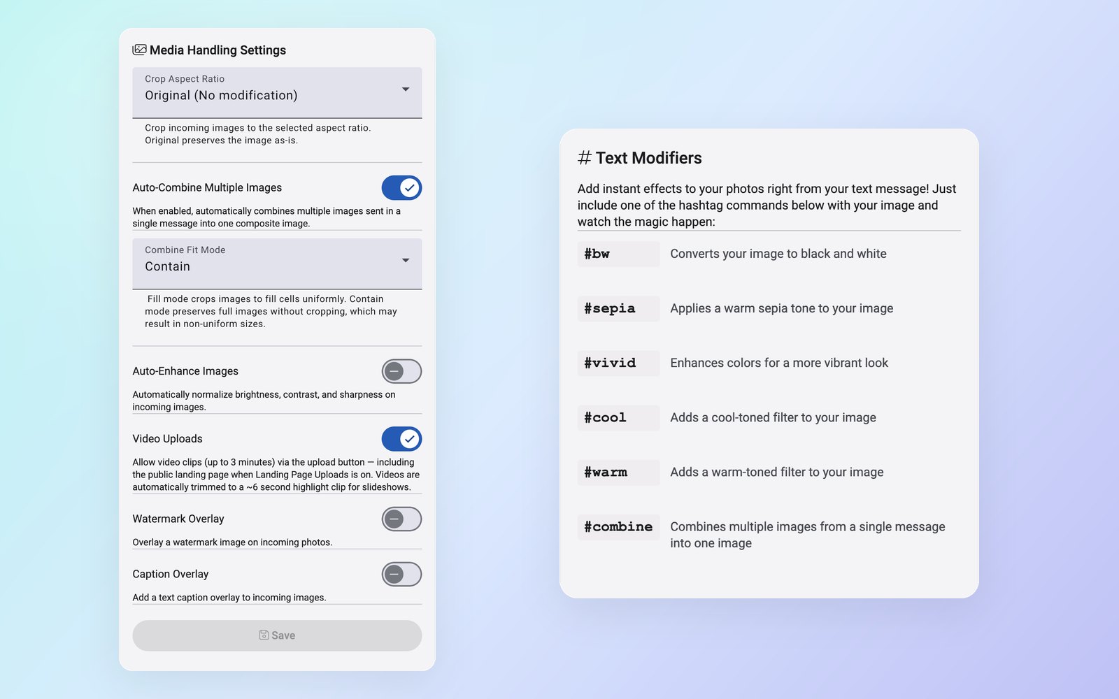 Qwikfolio media handling settings beside the text-code reference card