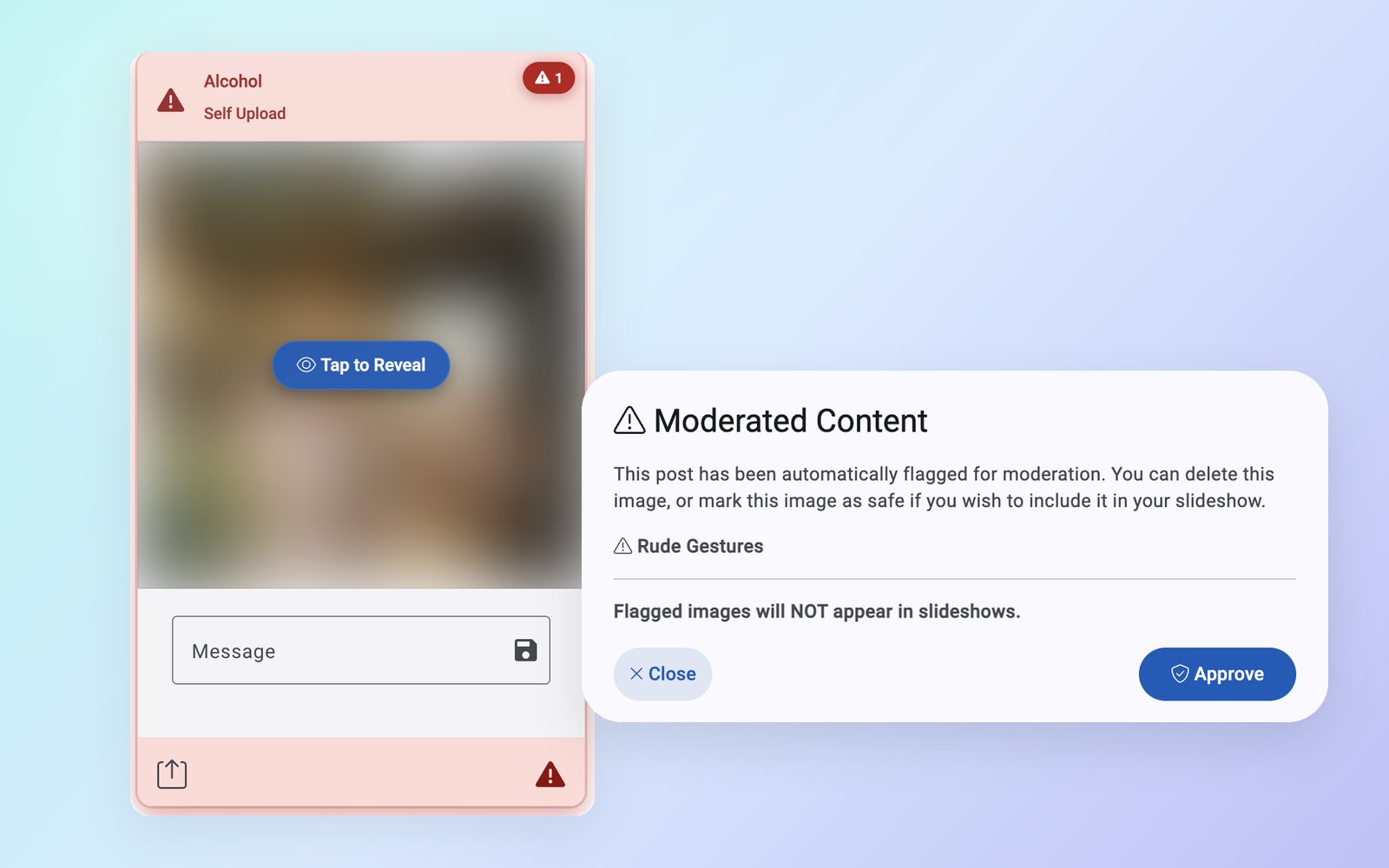 A flagged photo blurred behind Tap to Reveal, next to the moderation dialog explaining why it was held