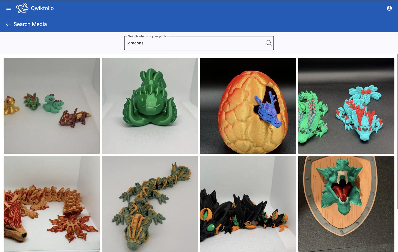 Searching a maker's Qwikfolio collection for “dragons” returns every dragon print