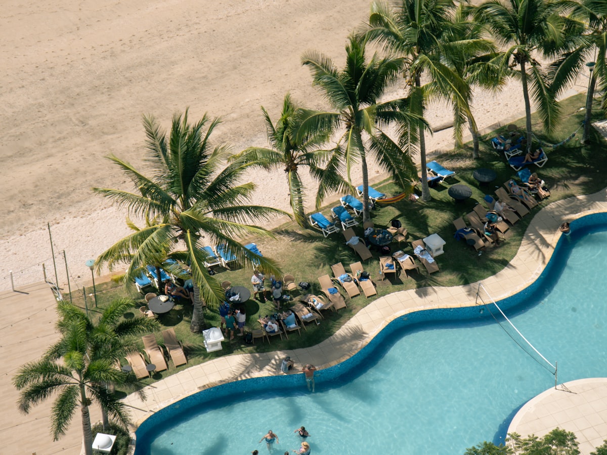 Aerial view of a resort pool surrounded by palm trees